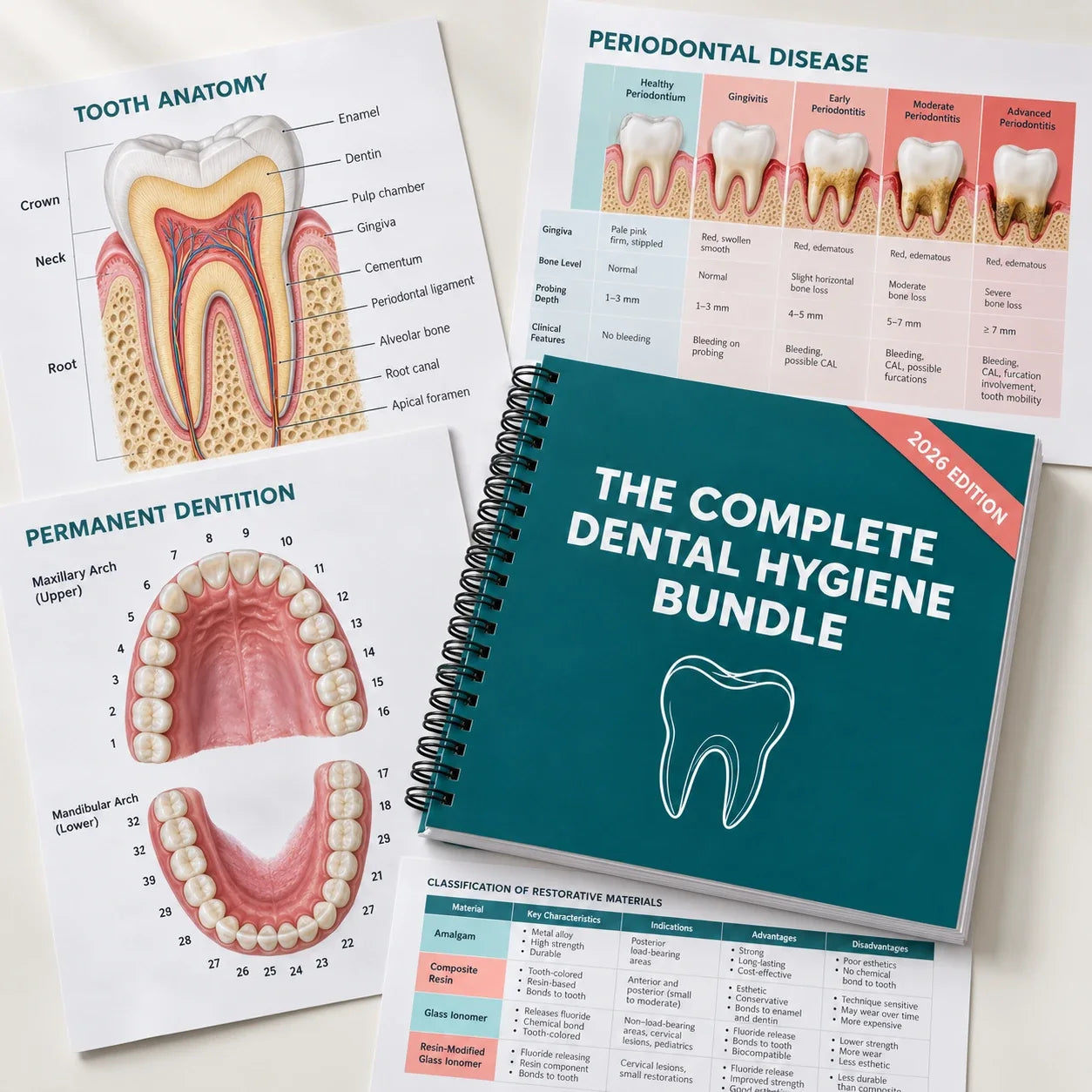 The Complete Dental Hygiene Bundle spiral-bound book surrounded by illustrated pages