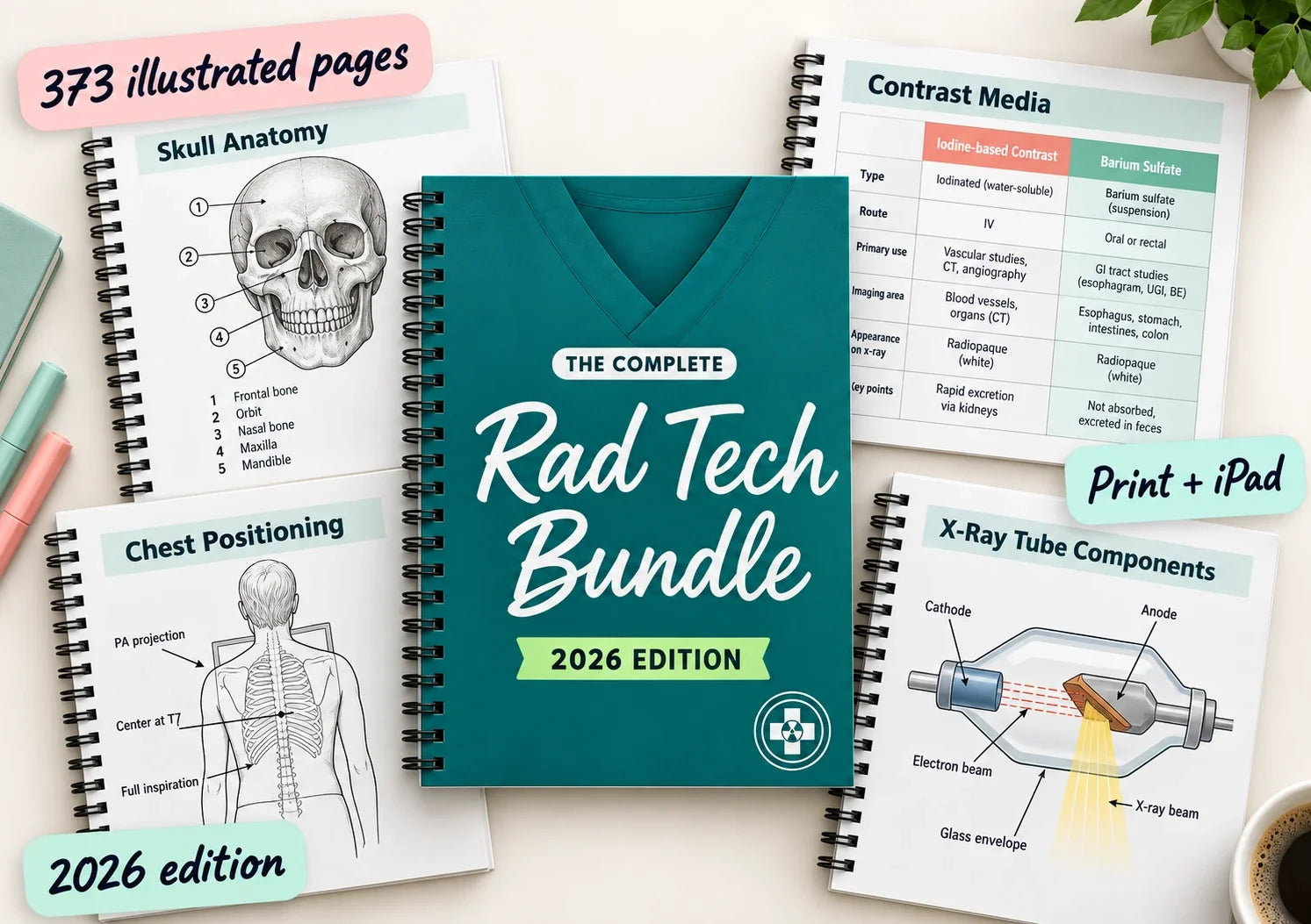 The Complete Rad Tech Bundle spiral-bound book surrounded by illustrated pages